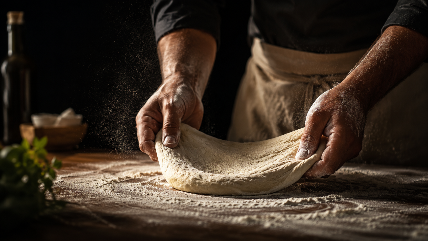 Manos amasando masa de pizza artesanal de fermentación lenta