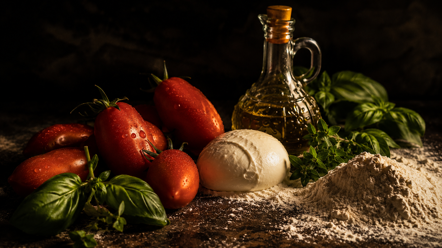 Materias primas PICACCIA: tomate italiano, mozzarella, harina, albahaca y aceite de oliva extra virgen