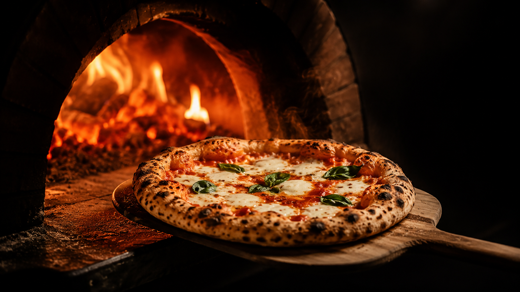 Pizza artesanal saliendo del horno de leña encendido