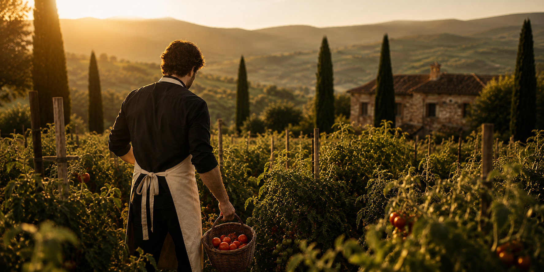 Recolección de tomates al atardecer en Abruzzo, Italia